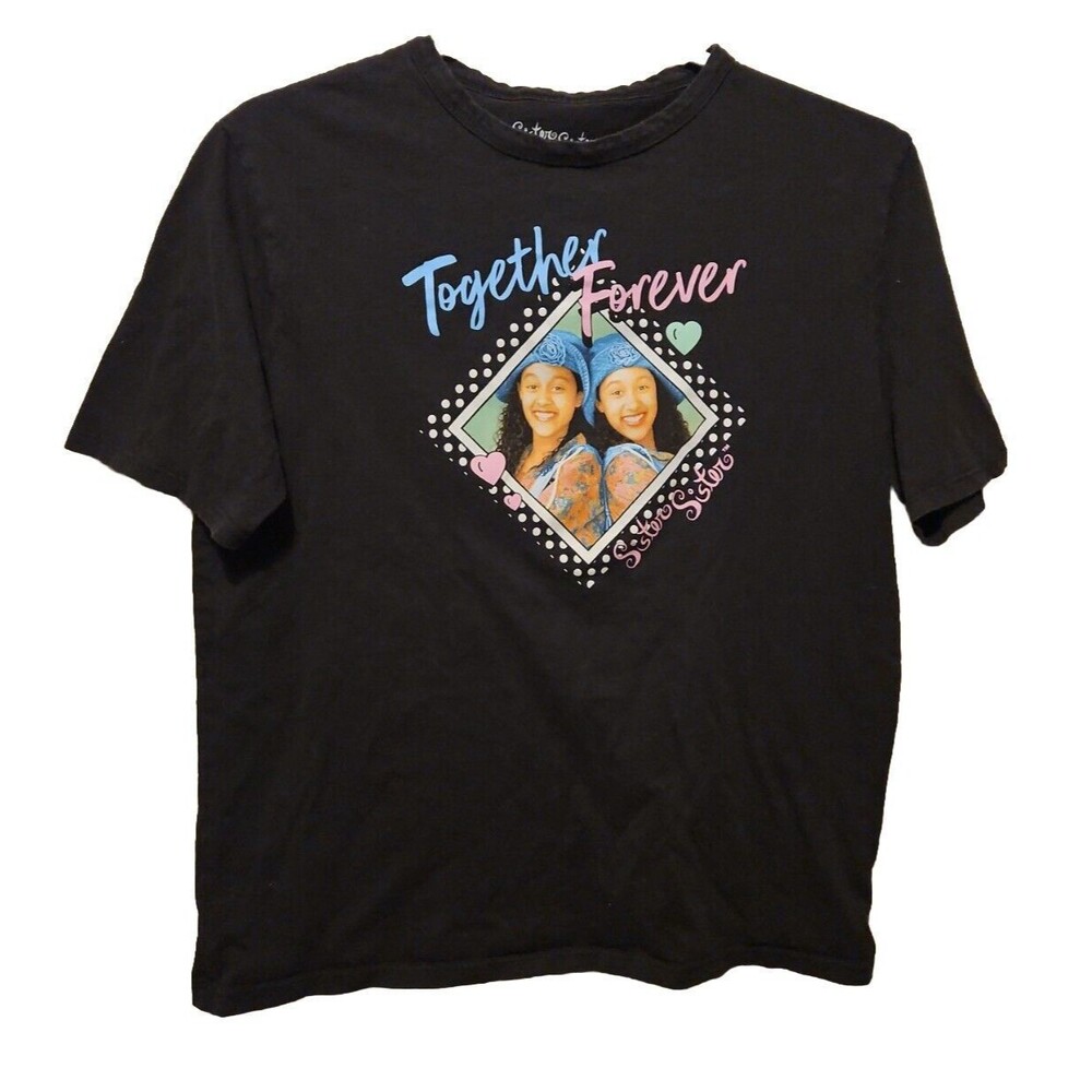 Sister Sister Together Forever Graphic T-Shirt Womens XS Short Sleeve Black